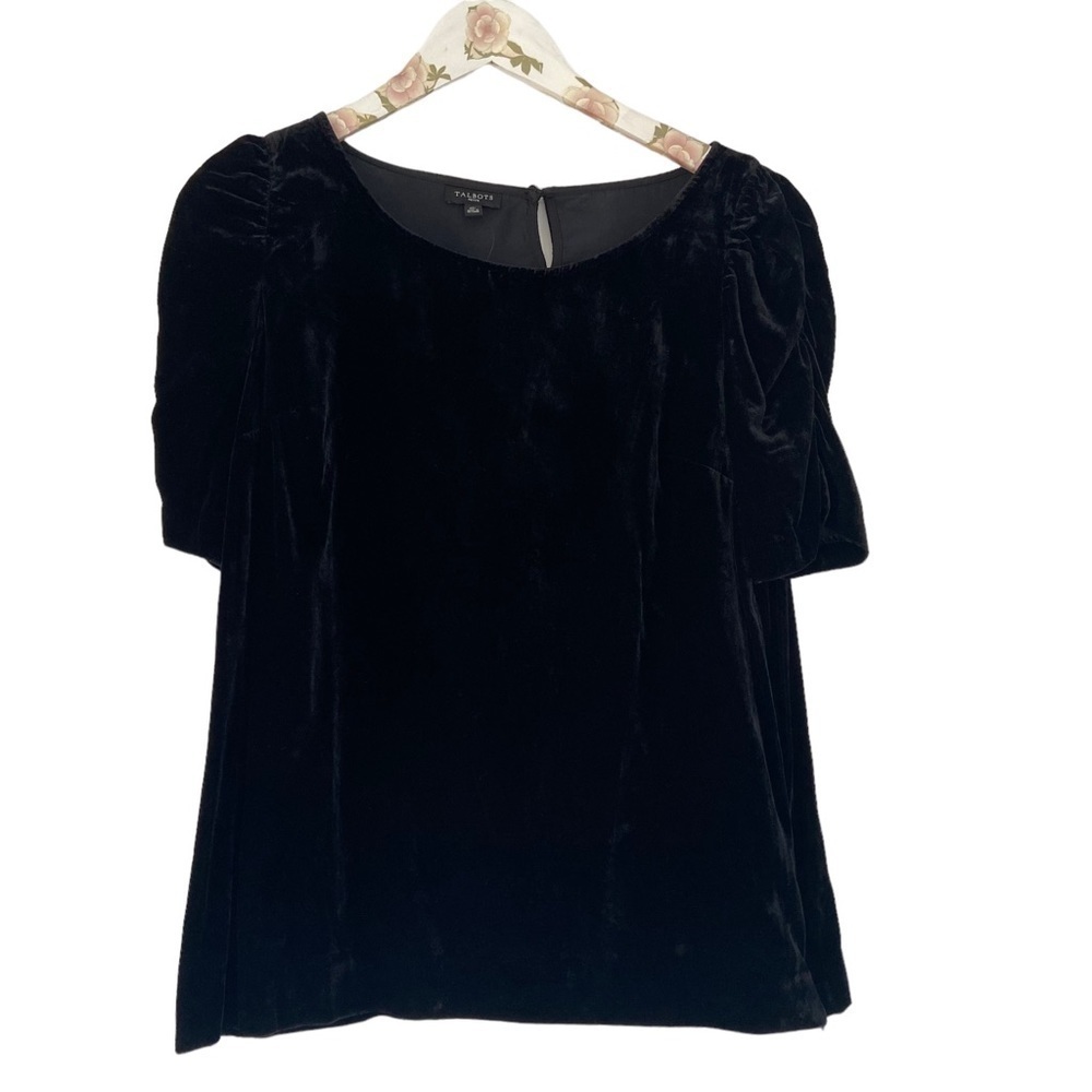Talbots Women's Black Velour Blouse Top Ruched Short Sleeves Button Back PM NWT